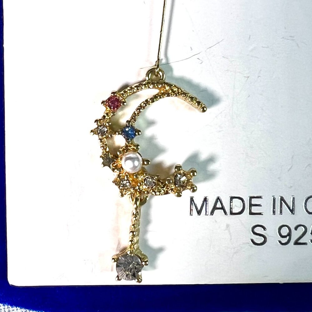 NWOT Celestial Moon & Star Crystal & Pearl Dangle Earrings Gold Finished S925 - Picture 4 of 6